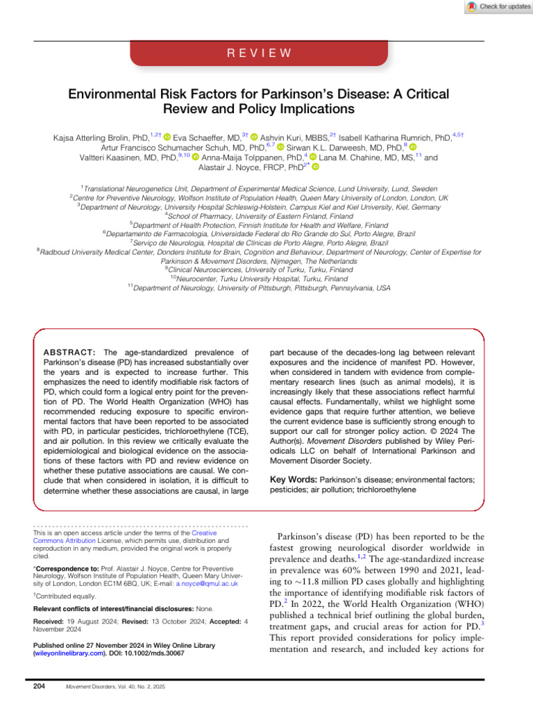 Movement Disorders - 2024 - Atterling Brolin - Environmental Risk ...
