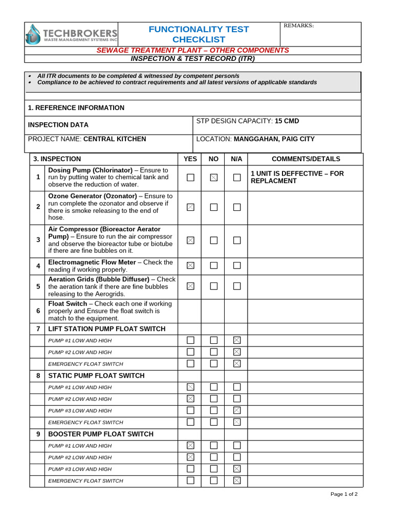 Central Kitchen -Functionality Checklist | PDF | Pump | Sewage Treatment
