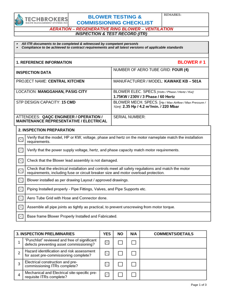 Blower 1 Testing and Commissioning Checklist | PDF | Power Supply ...