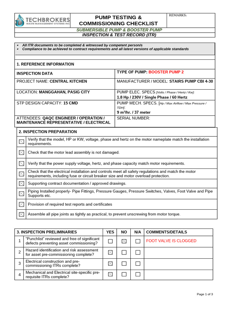 Booster Pump - 2 Testing and Commissioning Checklist | PDF | Pump | Valve
