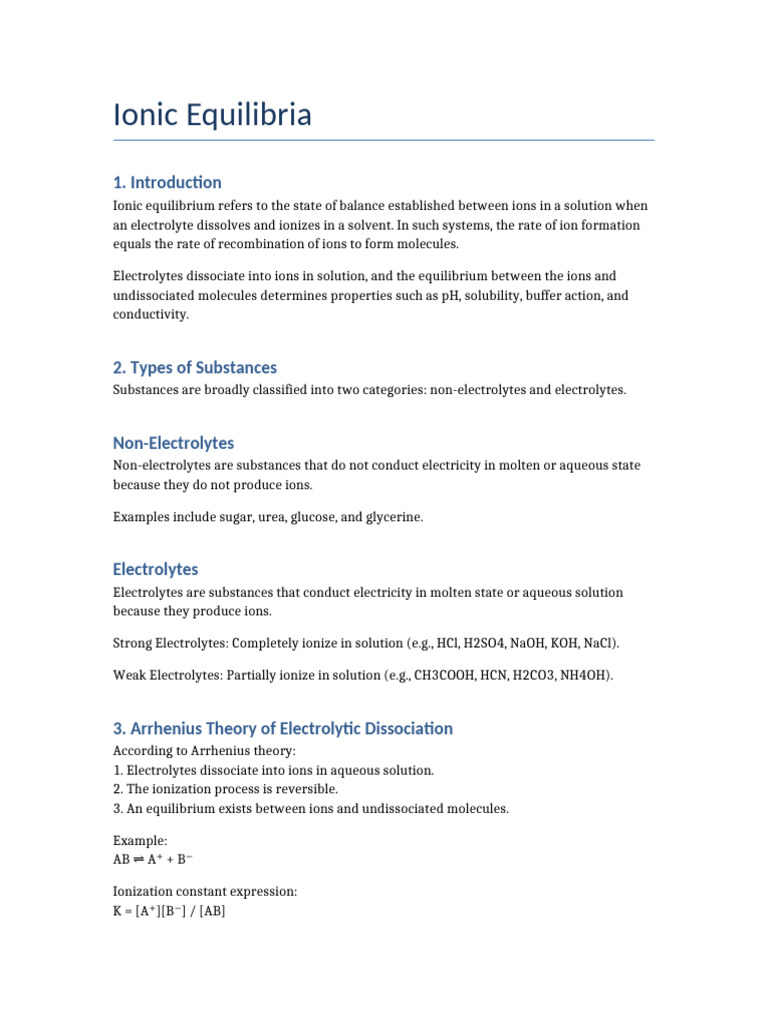 Ionic Equilibria Notes | PDF | Dissociation (Chemistry) | Acid