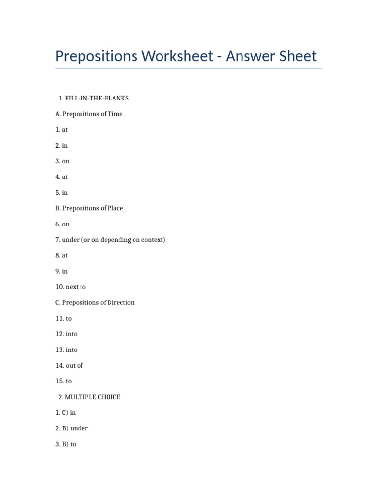 Prepositions Answer Sheet Copy | PDF