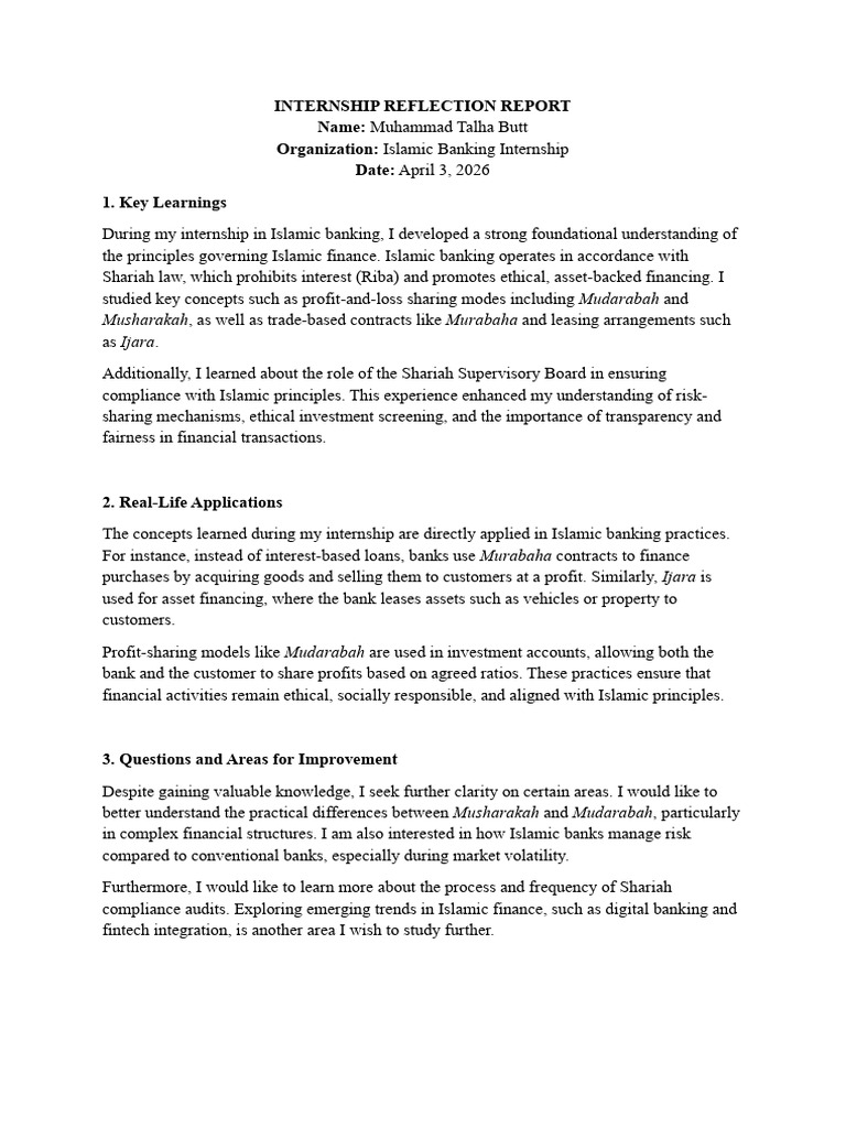 Internship Reflection Report | PDF | Islamic Banking And Finance | Business