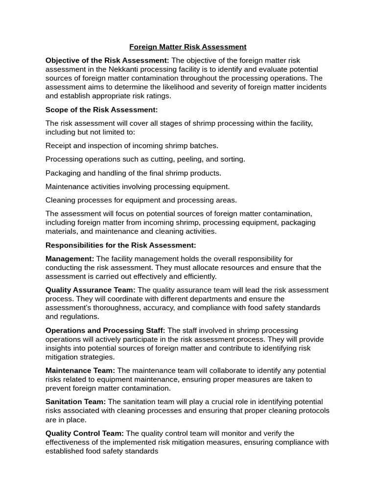 Risk Assessment for Foreign Matter | PDF | Risk Assessment | Risk