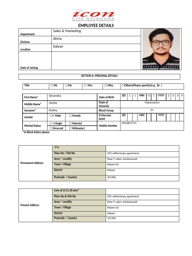 Devendra Employee Details Form New (3) | PDF