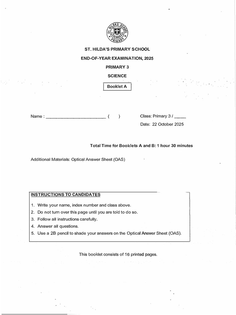2025 P3 Science End of Year Exam St Hilda | PDF