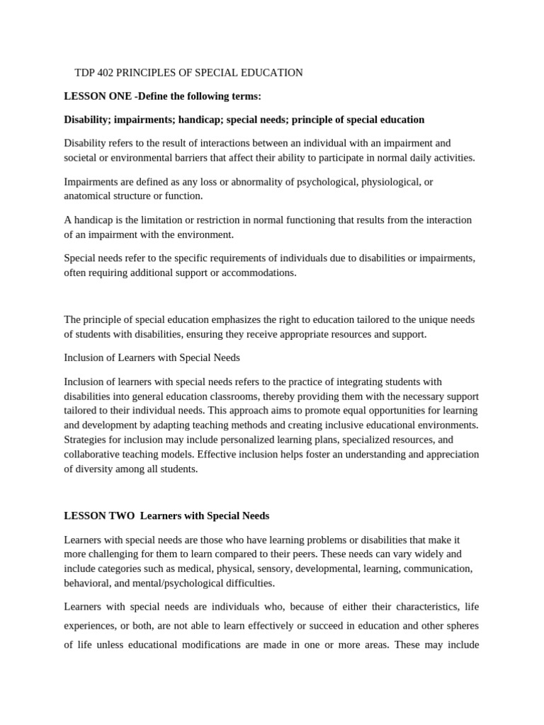 Notes (a)-Tdp 402 Principles of Special Education | PDF | Inclusion ...