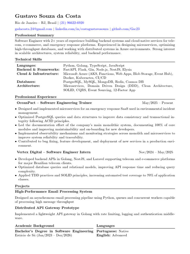 Resume Gustavo Costa-2 | PDF | Databases | Postgre Sql