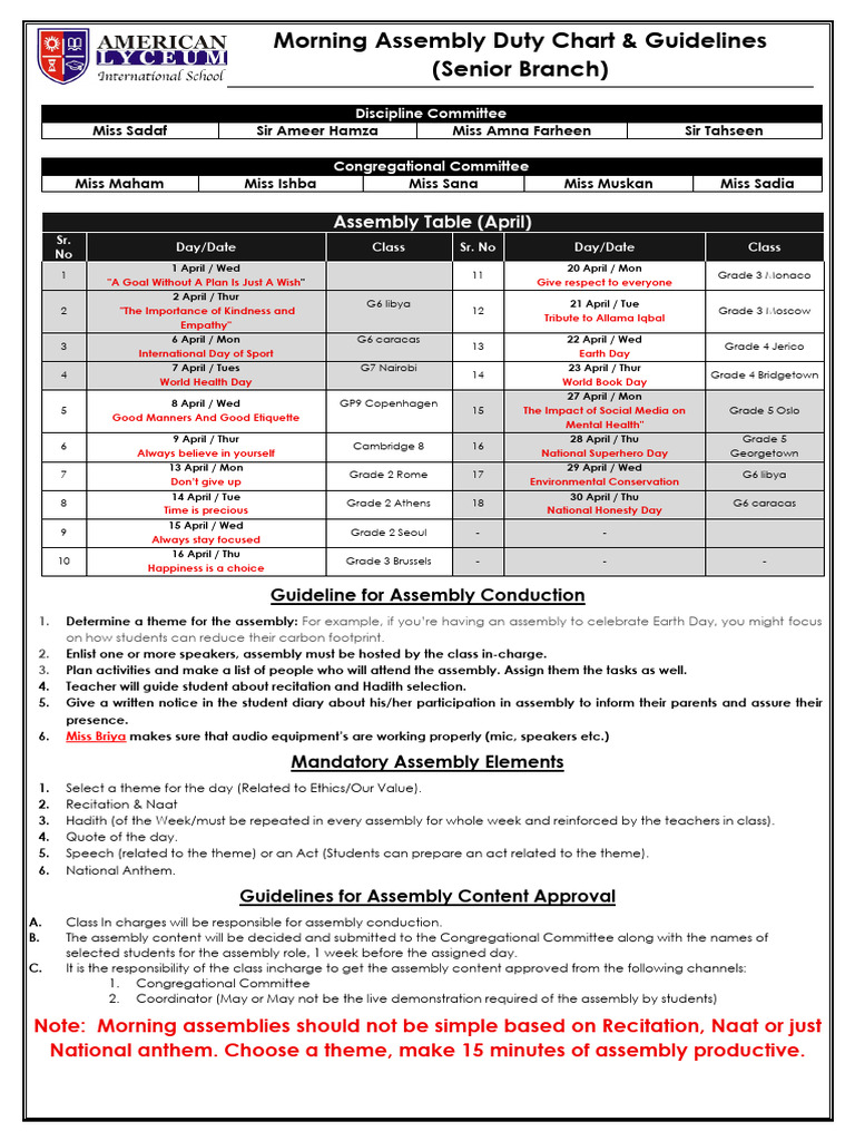 Assembly Duty Chart 2026-27 | PDF