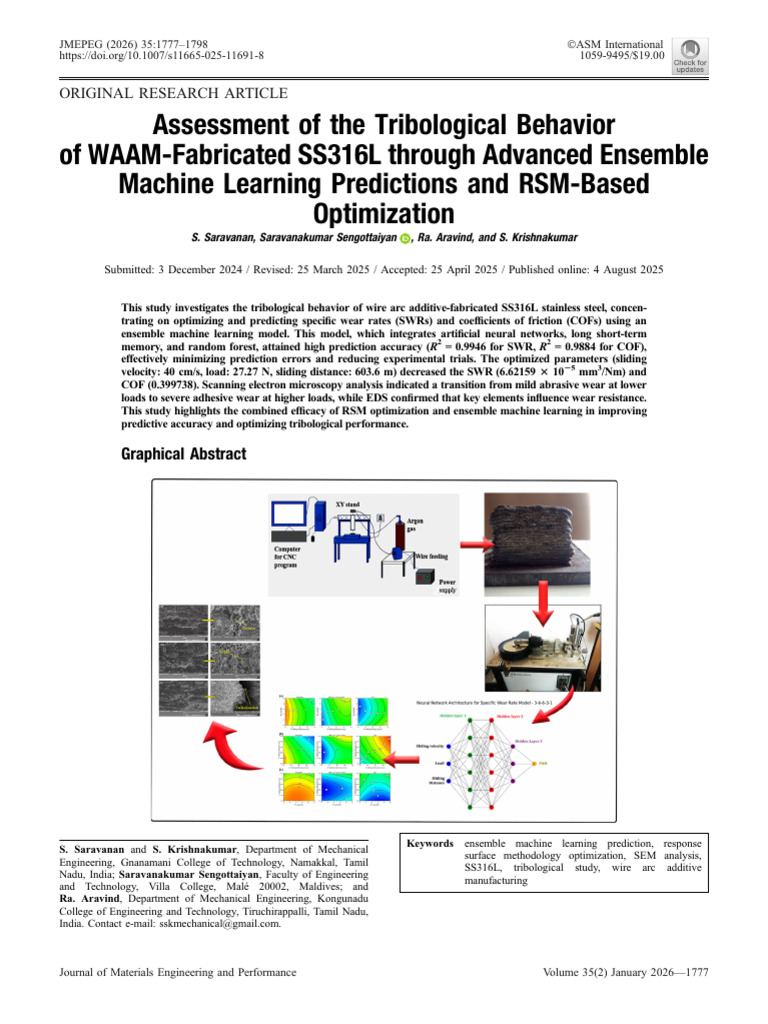 Assessment of Tribological Behavior of WAAM SS316L through Ensemble ...