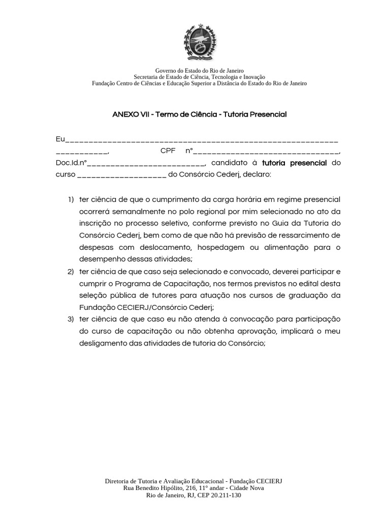 ANEXO VII Termo de Ciencia TP | PDF