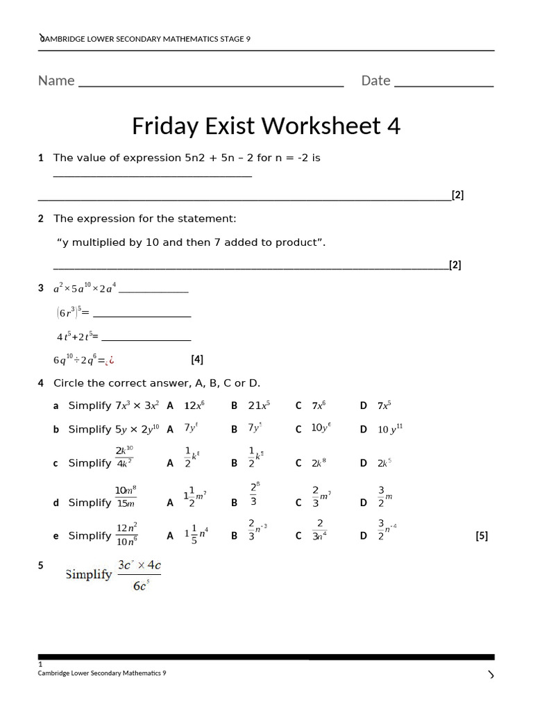 Friday Exist Worksheet 4 | PDF | Mathematics | Elementary Mathematics