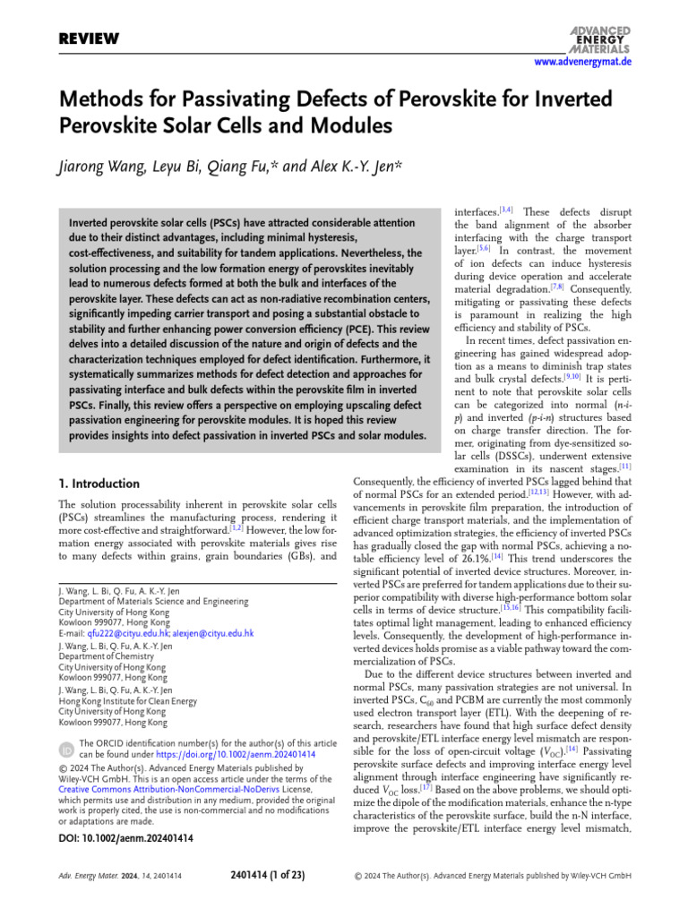 Methods for Passivating Defects of Perovskite for | PDF | Condensed ...