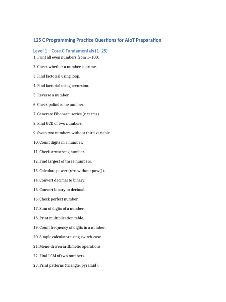 125 C Practice Questions AIOT | PDF | Pointer (Computer Programming) | Bit