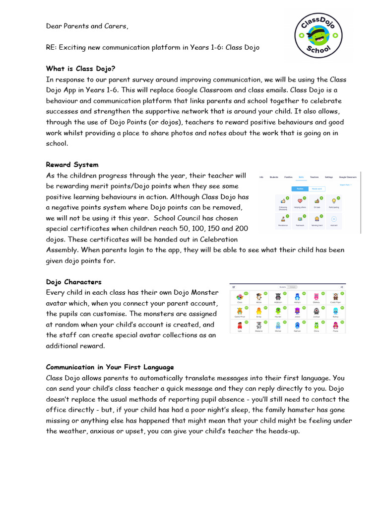 Class Dojo Letter | PDF | Teachers