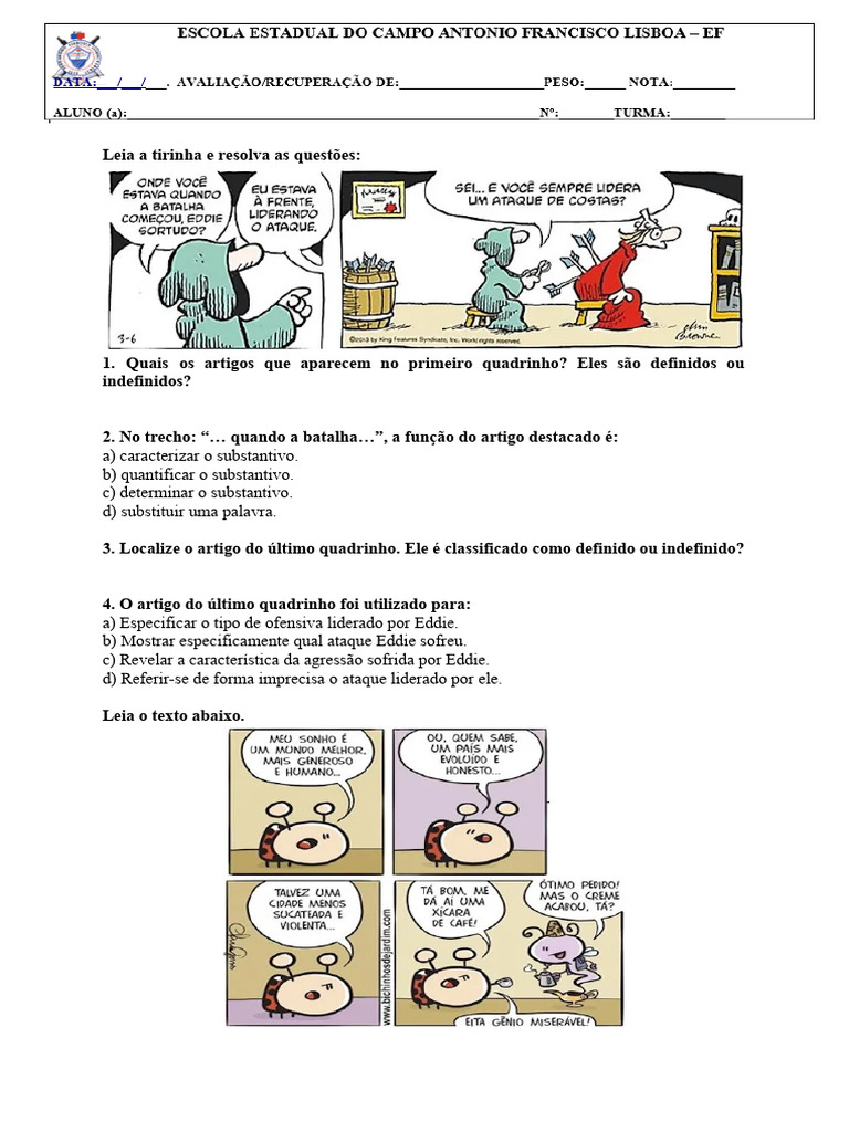 Avaliação - Atigo e Adjetivo- 6° ano | PDF