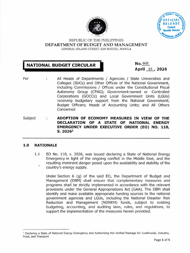 National Budget Circular No 602 | PDF