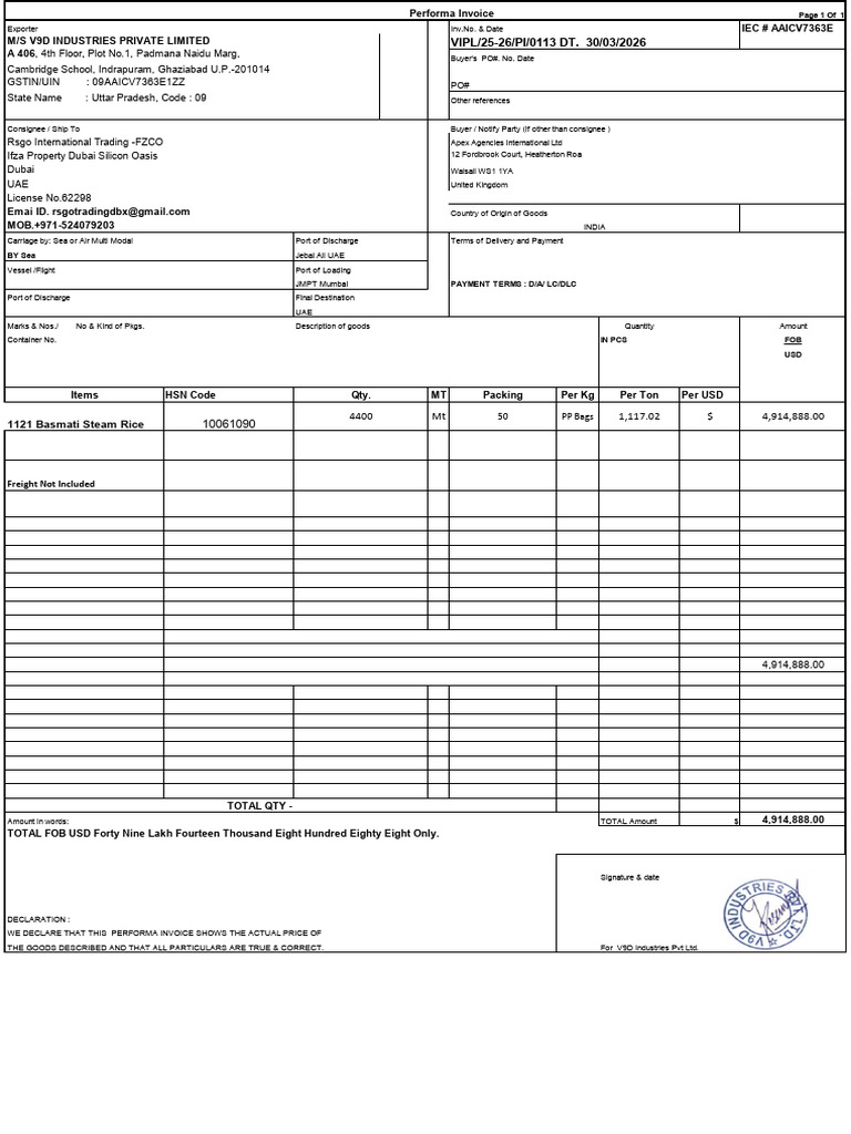 Performa Invoice - Rice | PDF