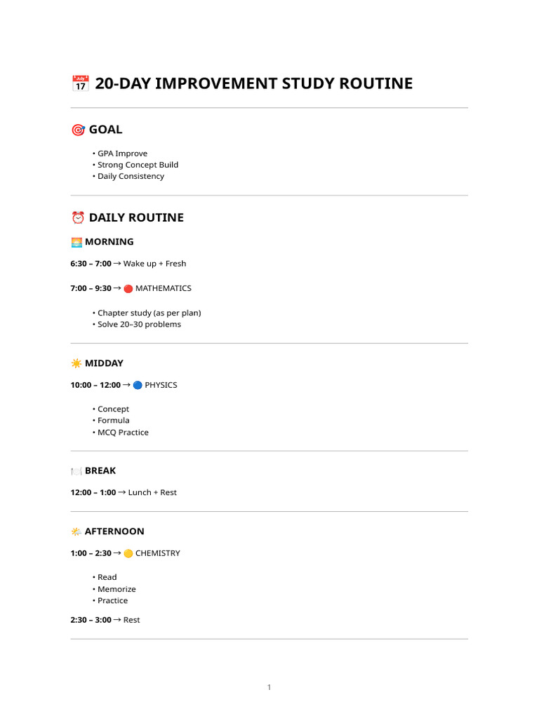 20-Day Study Routine (Printable) | PDF | Mathematics | Physics