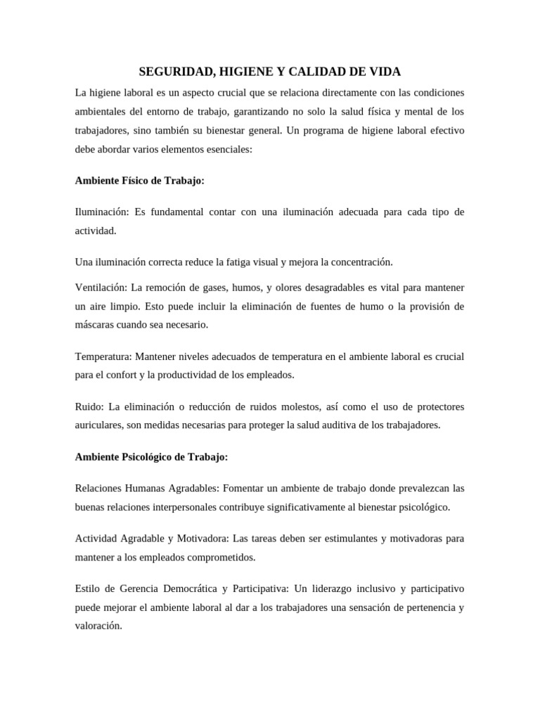 Seguridad, Higiene y Calidad de Vida | PDF | Seguridad y salud ...