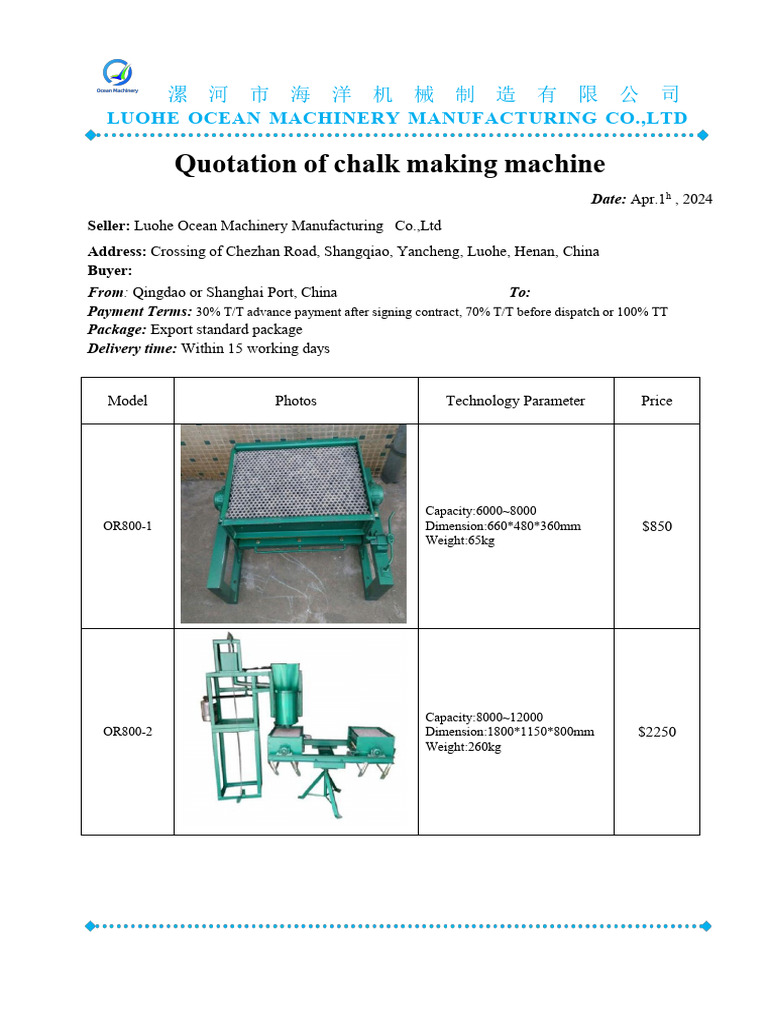 Quotation of Chalk Making Machine(2026!03!20 02-02-40) | PDF