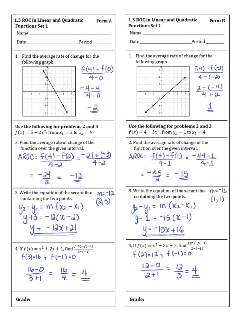 Quiz 1.3R-Rates of Change Linear Quadratic Functions Key | PDF ...