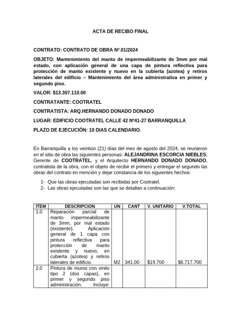 Acta de Recibo Final | PDF