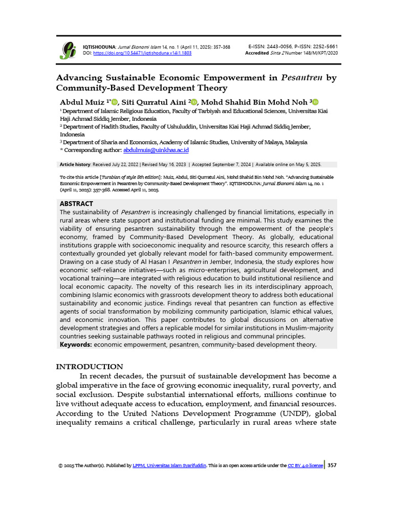 Advancing Sustainable Economic Empowerment in Pesantren by Community ...