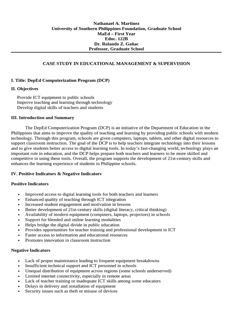 Case Study Educational Management and Supervision | PDF | Educational ...
