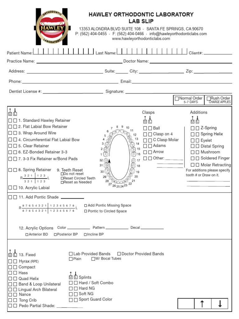 Hawley Orthodontic Laboratory Lab Slip RX | PDF | Orthodontics | Dentistry