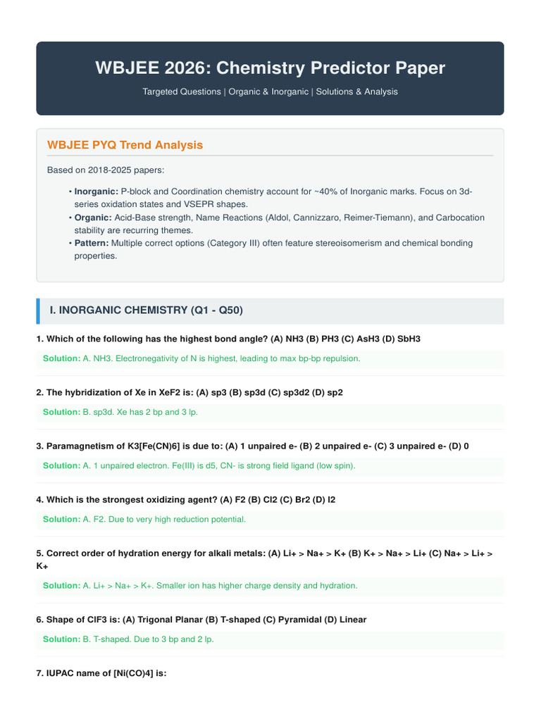 WBJEE 2026 Chemistry Predictor 100Q | PDF