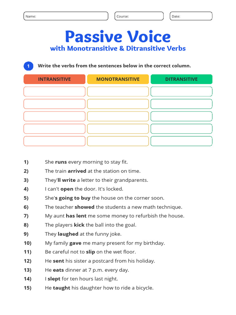 Passive Voice Monotransitive & Ditransitive Verbs Worksheet | PDF ...