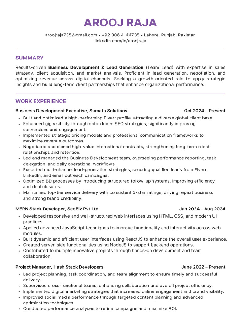 BDE Resume Arooj.raja | PDF | Linked In | Marketing