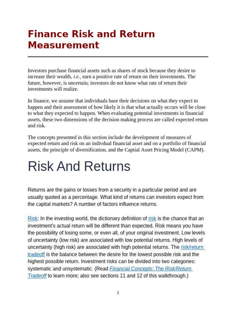 Finance Risk and Return Measurement | PDF | Financial Risk | Standard ...