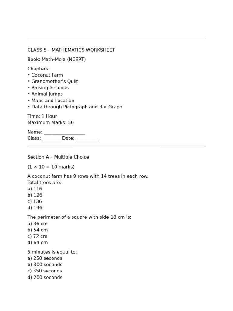 Maths Worksheet For Class 5 Ncert | PDF | Banana