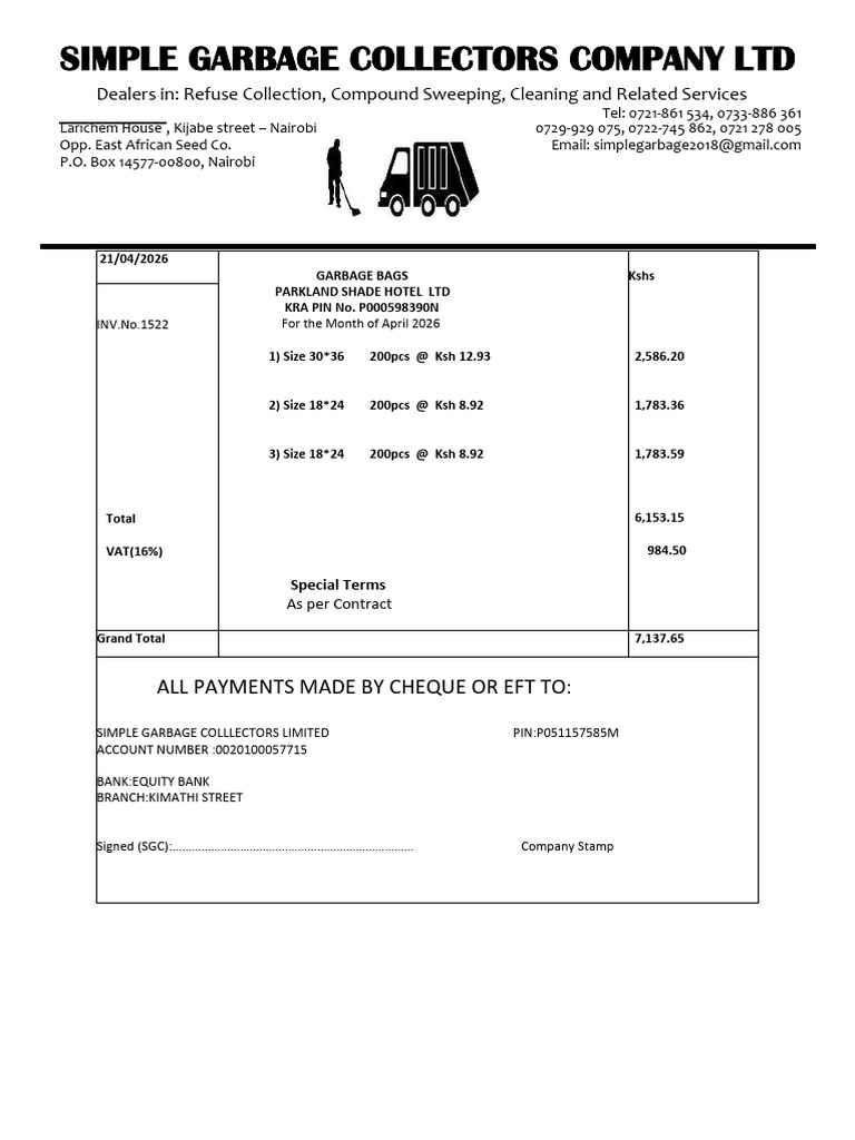 Simple Garbage Parkland Shade Hotel Ltd Invoice April 2026 | PDF