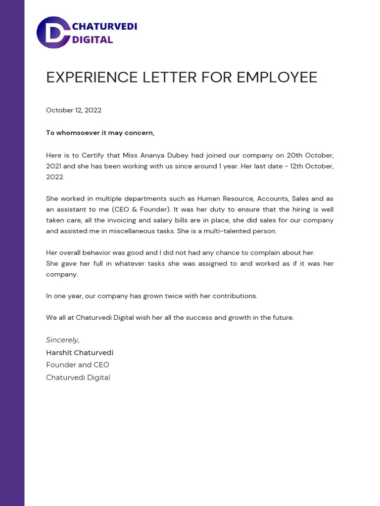 CD Experience Letter | PDF