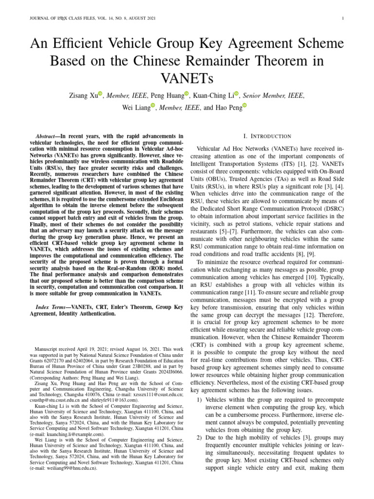 An Efficient Vehicle Group Key Agreement Scheme Based on the Chinese ...
