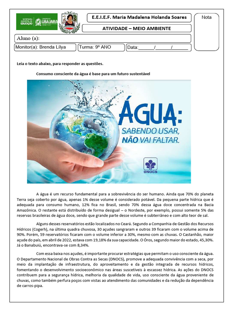 Uso consciente da água texto e atividade - 9º ano | PDF | Água | Água ...