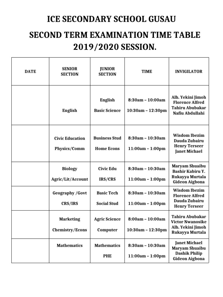 2nd Term Exams Timetable | PDF