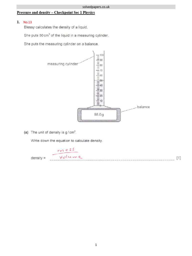 Sample Pressure and Density Checkpoint Sec 1 Physics Solved | PDF