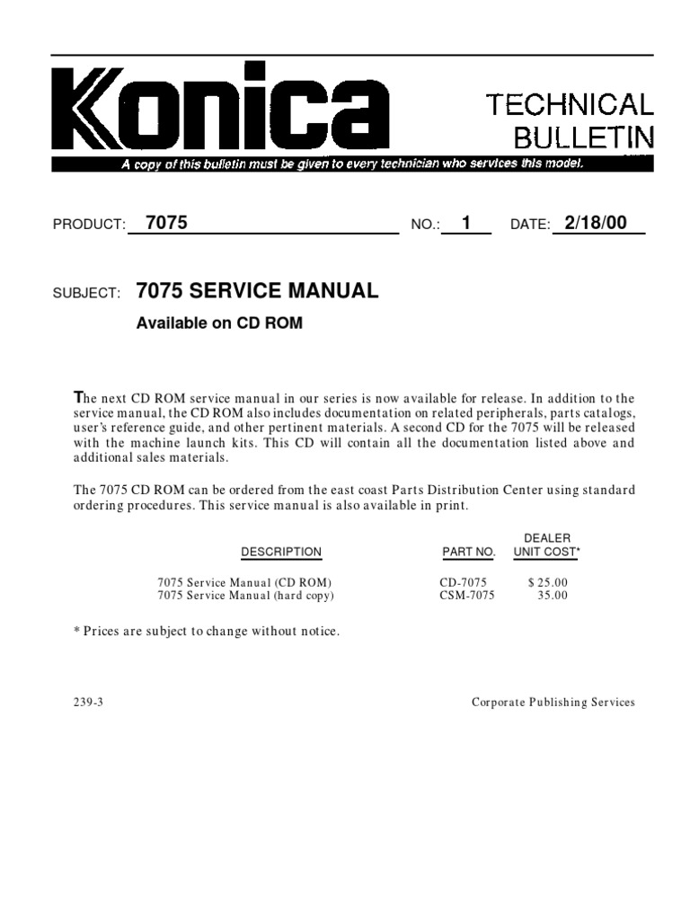 Technical Bulletin Konica 7075 | Screw | Gear