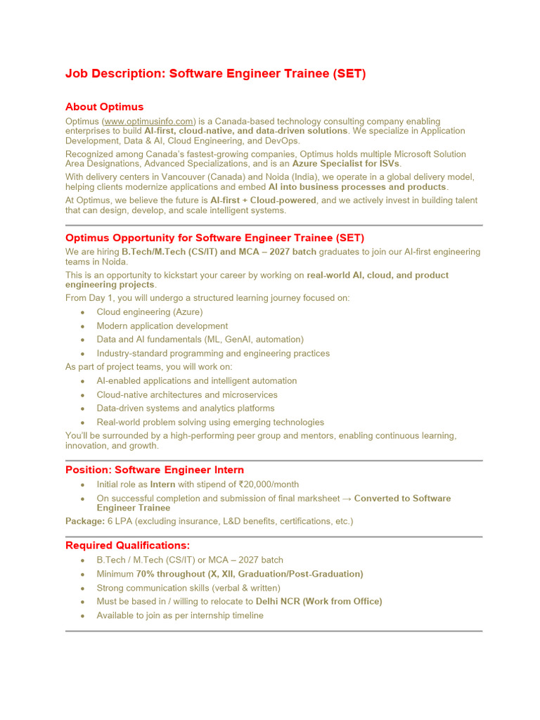 JD Software Engineer Trainee 2027 | PDF | Cloud Computing | Artificial ...