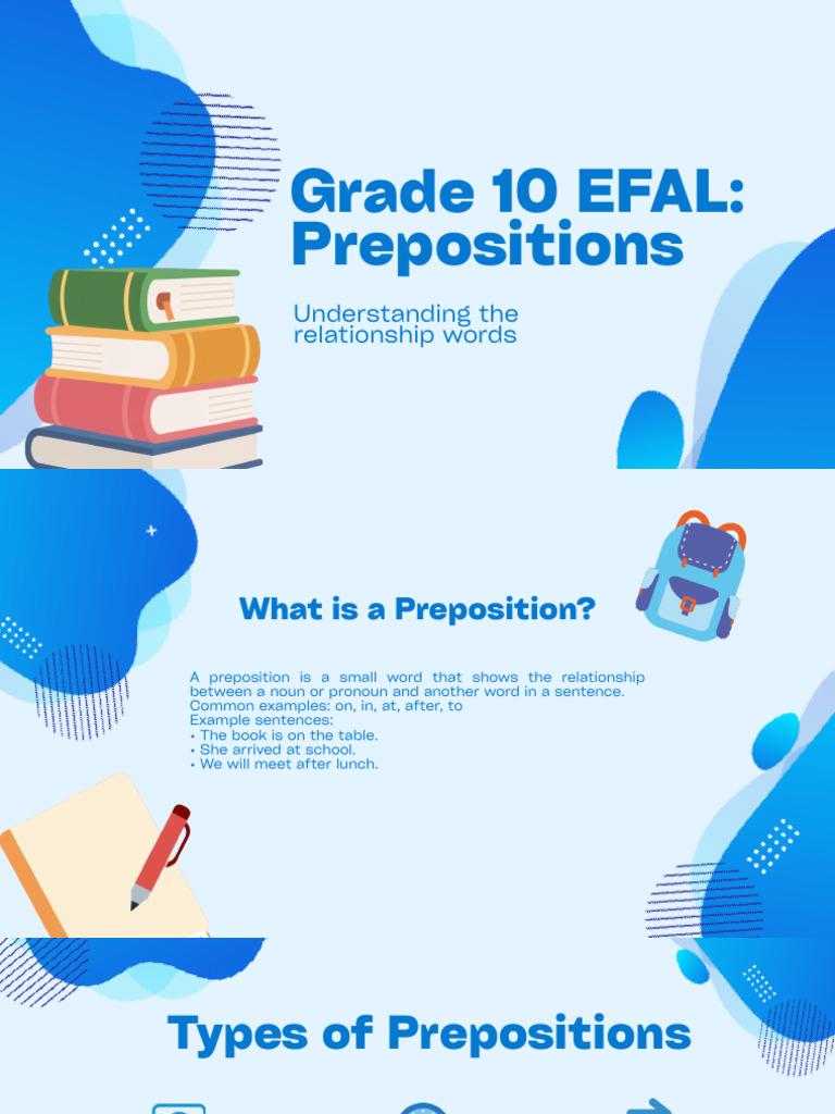 Grade 10 EFAL Prepositions Overview | PDF | Word | Language Mechanics