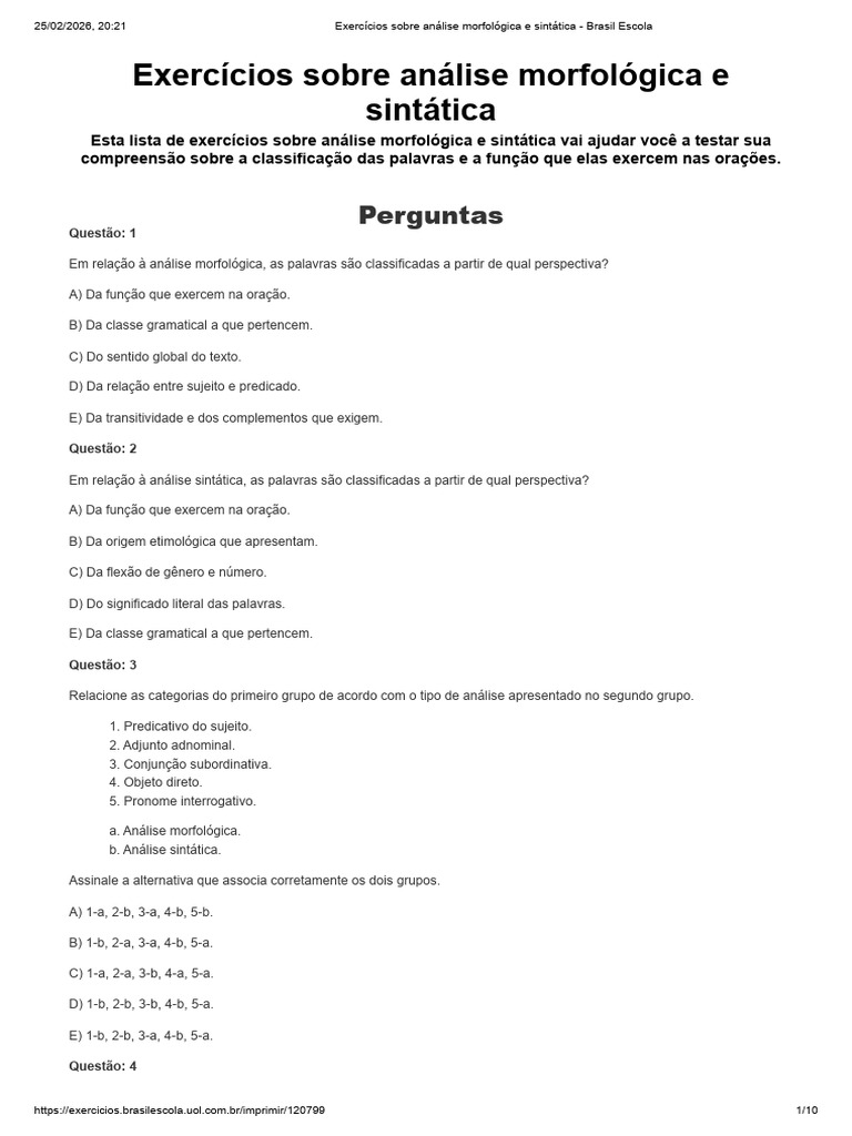 Exercícios Sobre Análise Morfológica e Sintática - Brasil Escola | PDF