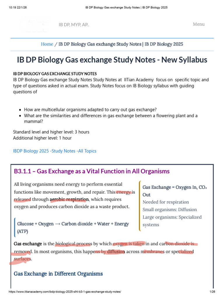IB DP Biology Gas Exchange Study Notes _ IB DP Bio_260124_161928 | PDF ...