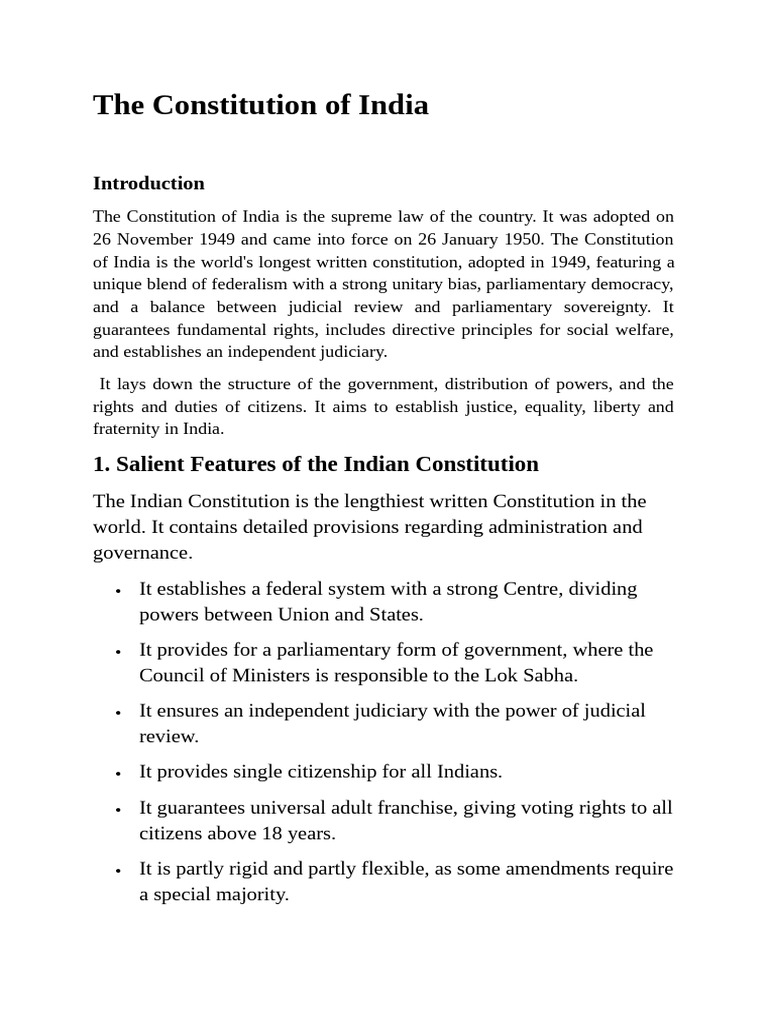 Notes On Constitution of India | PDF | Constitution | Political Science