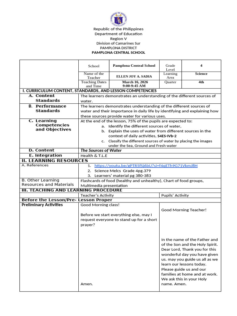 Sadia_Detailed Lesson Plan (Ranking) | PDF | Water | Groundwater