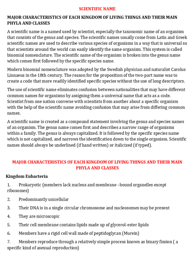 2.0 SCIENTIFIC NAME- MAJOR CHARACTERISTICS OF EACH KINGDOM | PDF ...