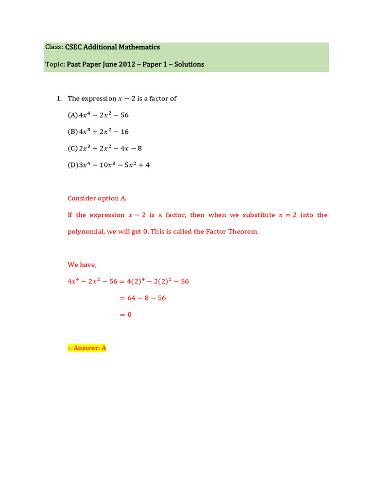 CSEC Add Maths - Paper 1 - 2012 to 2024 - Solutions | PDF | Algebra ...